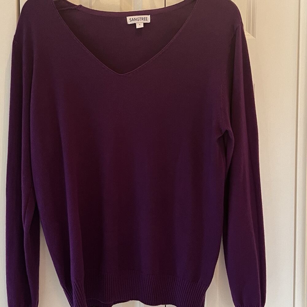 SANGTREE Womens L Plum Purple V Neck Sweater Soft Knit Long Sleeve Pullover - Picture 2 of 6